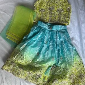 Vibrant Green and Blue Embroidered Lehenga Set for toddler age 1 yr